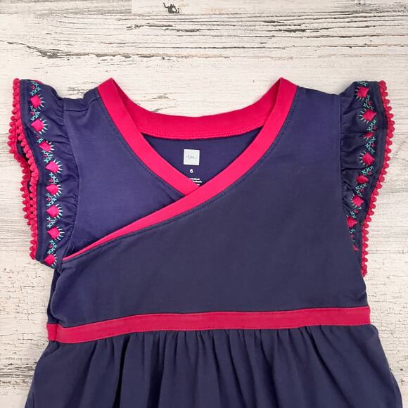 Tea Collection Girls 6 Navy Wrap Neck Dress Pink Trim Embroidered Flutter Sleeve - Picture 3 of 7